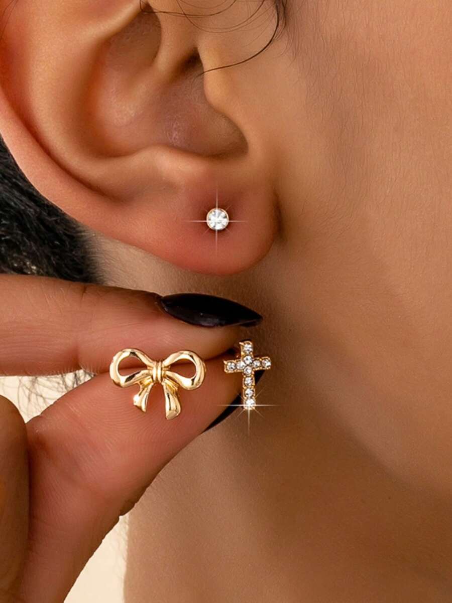 Set de 6 piezas de aretes de metal simple con cruces y moños con strass, regalo del Día de San Valentín - Dorado - Ver 1