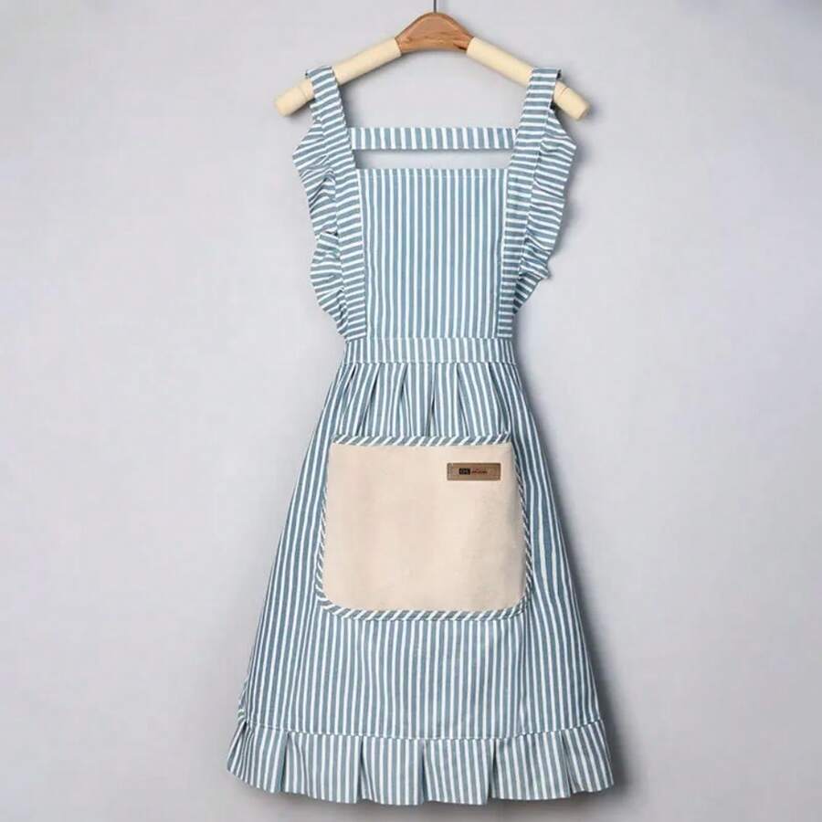 Linen Striped Apron, Fashionable And Breathable, Suitable For Housework, Restaurant, Home, Outdoor, Kitchen And Other Occasions. Princess Waist Design With Shoulder Strap And Waist Strap, Made Of High-Quality Fabric, Resistant To Friction And Pilling. Adjustable Wide Tie At The Back, Fits Various Body Types. - Multicolor - View 1