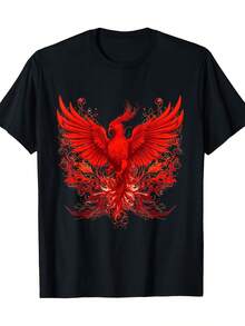 Camiseta Gráfica Firebird para Hombre - Negra con Fénix Rojo - Tela de 220 g/² - Corte Holgado, Camisa Casual para Uso Diario y Eventos Formales - Prenda con Diseño de Aveítica. Ropa de ocio. Camiseta de estilo bohemio. Ropa cómoda. Moda urbana. Estética Vintage. Calidad Premium. Top elegante. Amantes del Estilo Boho - Negro - Ver 1