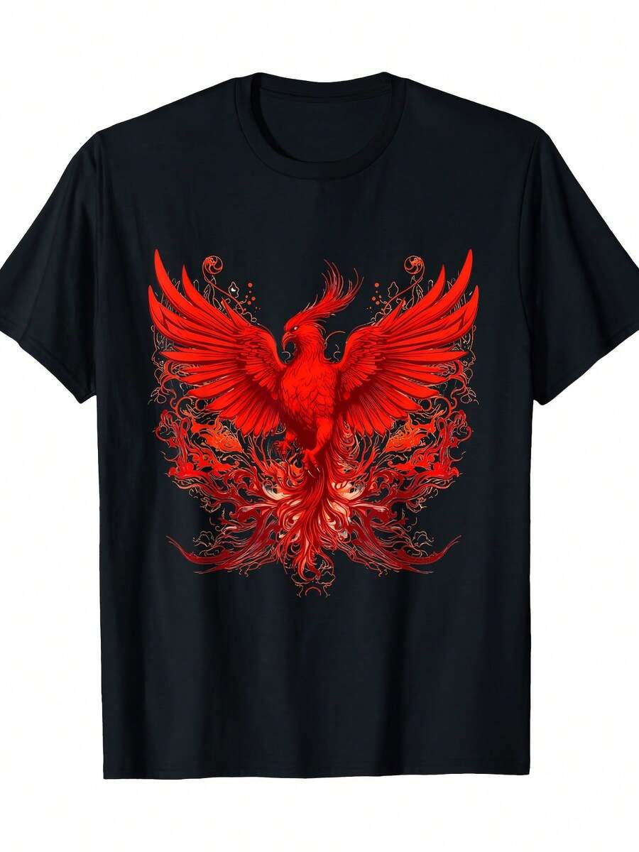 Camiseta Gráfica Firebird para Hombre - Negra con Fénix Rojo - Tela de 220 g/² - Corte Holgado, Camisa Casual para Uso Diario y Eventos Formales - Prenda con Diseño de Aveítica. Ropa de ocio. Camiseta de estilo bohemio. Ropa cómoda. Moda urbana. Estética Vintage. Calidad Premium. Top elegante. Amantes del Estilo Boho - Negro - Ver 1