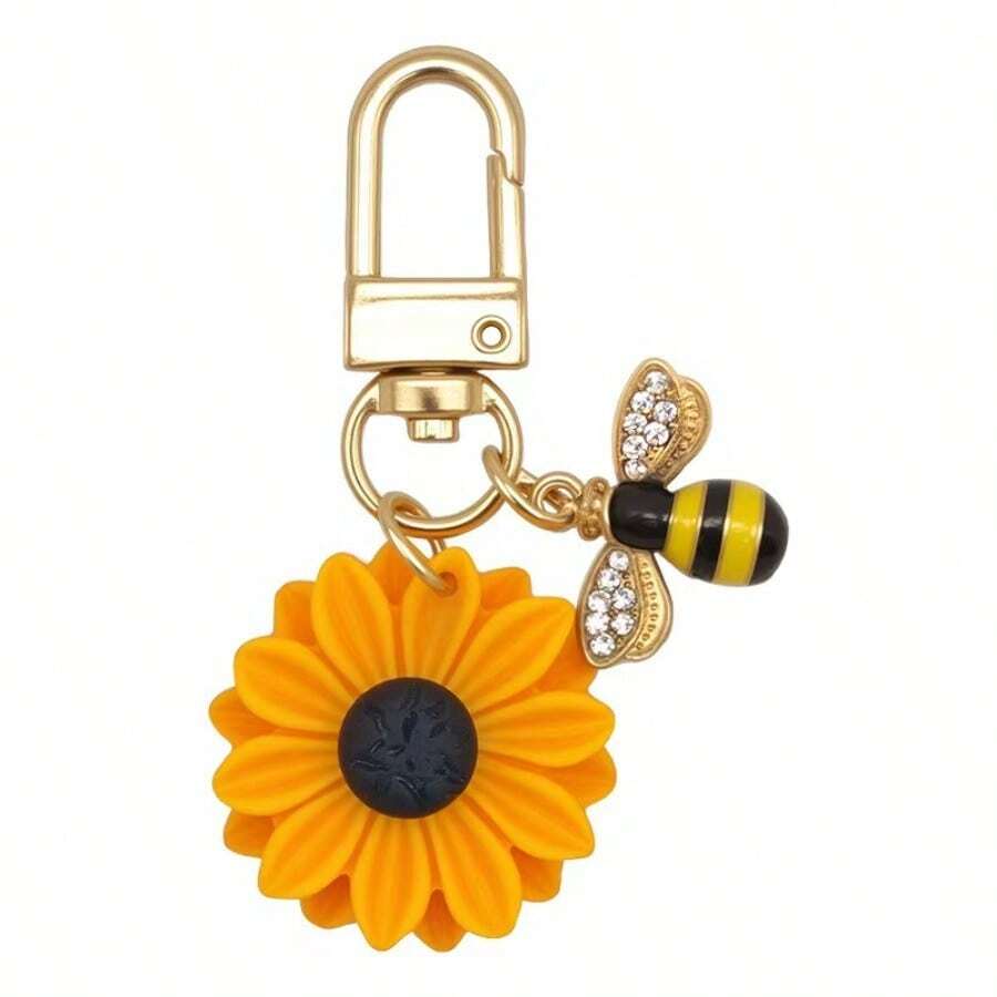 5PCS Small Daisy Flower Small Bee Keychain Mobile Phone Sunflower Keychain - 黃色 - 查看 1