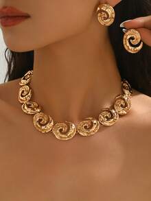 2pcs Women Jewelry Set, Geometric Circle Grid Pattern Gradient Combination Necklace And Earrings, Classic Elegant Versatile For Daily, Festival, Party Wear - Yellow Gold - View 18