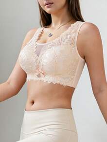 简约纯色花卉蕾丝文胸，舒适透气全罩杯无钢圈文胸，女士内衣 - 杏色 - 查看 7