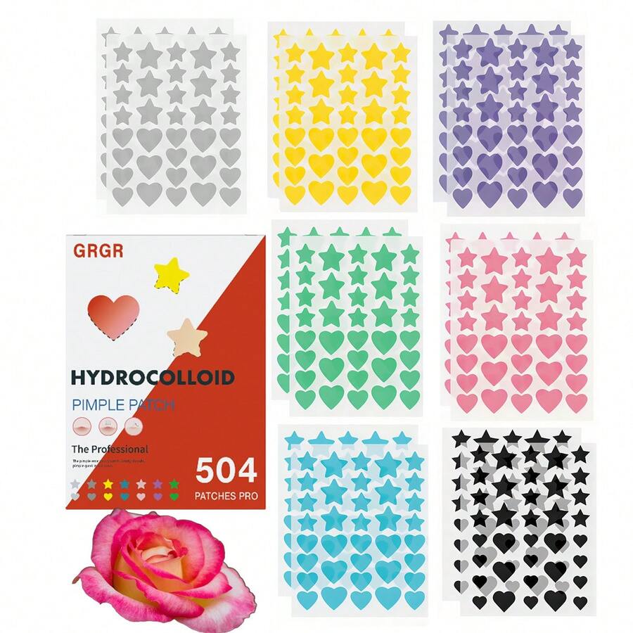 504pcs Heart & -Star Shaped Hydrocolloid Patches, Pimple Patches For Face, Invisible Pimple Dots For All Light Beige Types, Emergency Use, Assorted Colors (Black, White, Purple, Blue, Yellow, Orange, Brown, Gray), Christmas Gifts, Stocking Stuffers - 504 chiếc - Xem 1
