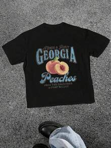 Georgia Peaches Vintage Print Casual Soft Short Sleeve Pure Cotton 220gsm T-Shirt - 黑色 - 查看 1