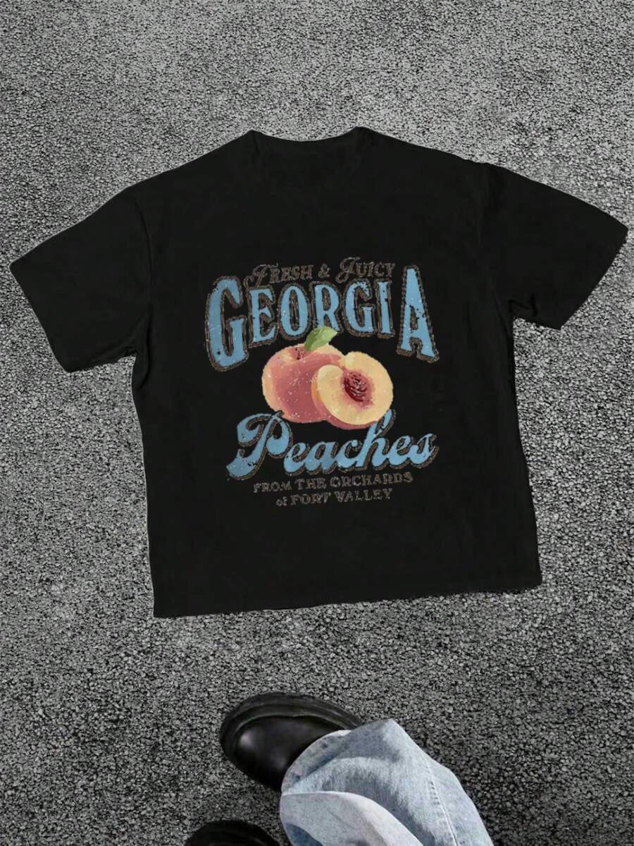 Georgia Peaches Vintage Print Casual Soft Short Sleeve Pure Cotton 220gsm T-Shirt - 黑色 - 查看 1