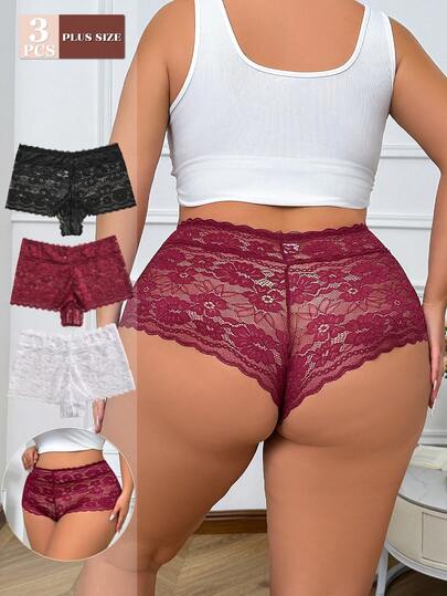 FOVTY 3件套加大码蕾丝蝴蝶结装饰性感内裤套装，内衣睡衣