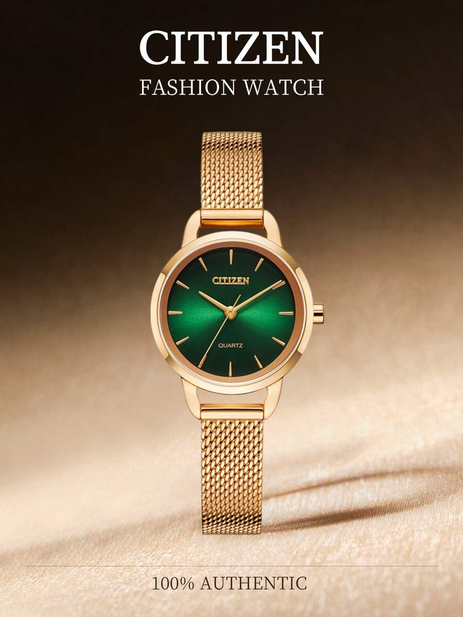CITIZEN Đồng hồ nữ thạch anh, mặt số kim, dây đeo thép không gỉ mạ vàng hồng, đồng hồ đeo tay nữ kiểu dáng thường ngày, mặt số màu xanh lá cây 26mm. - màu xanh lá - Xem 1