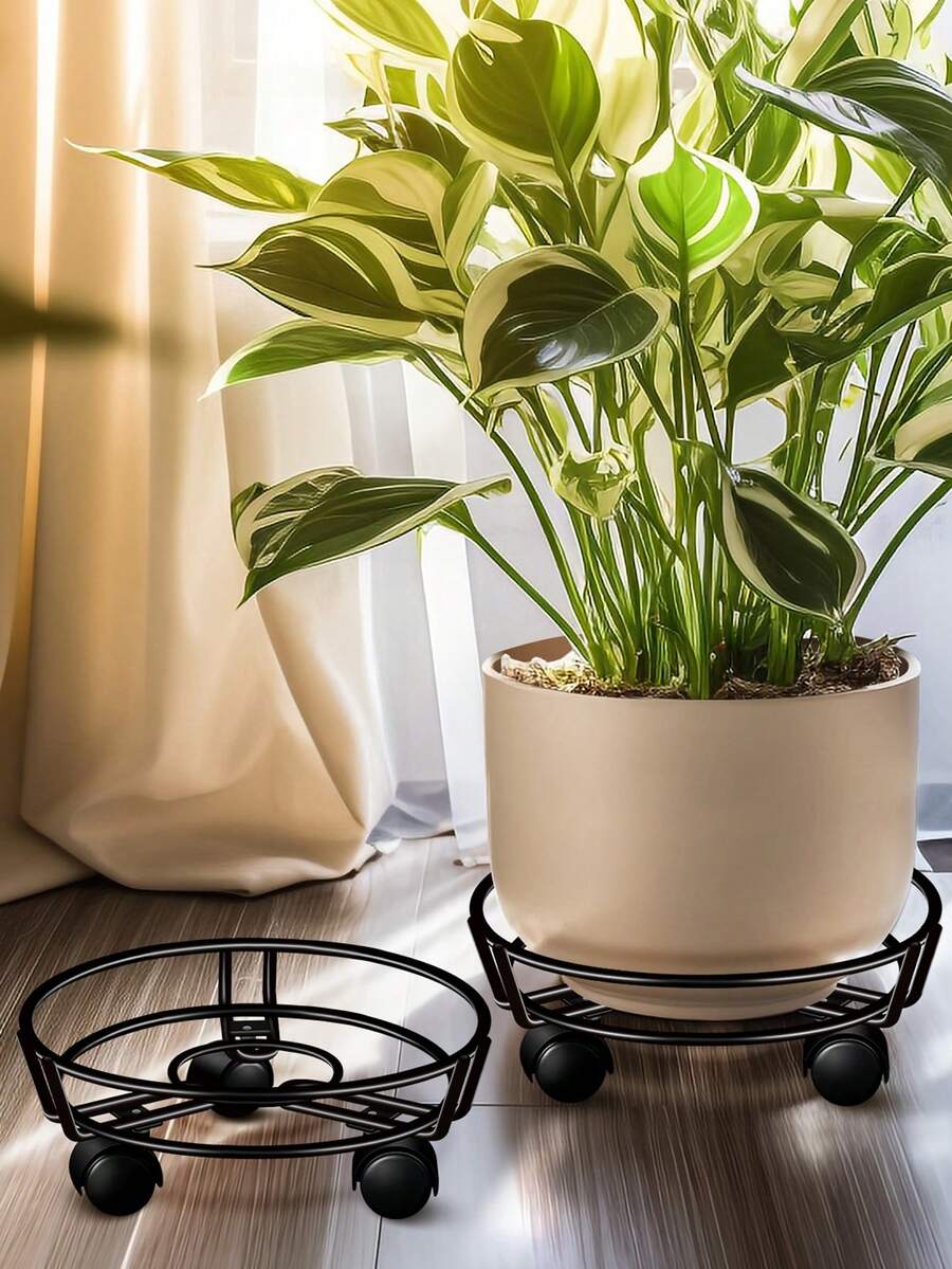 1pc Black Round Metal Flower Stand With Wheels, Movable Floor Plant Holder - Round - View 1