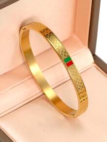 18K Gold Plated Stainless Steel Bracelet, Suitable For Daily Wear, European And American Classic Roman Numeral Red And Green Color Block Geometric Design, Generous Personalized Elegant Luxury Party Casual Wrist Jewelry, Wedding Jewelry Set, Gift For Girls, Women, Mothers, Relatives, Friends, Beautiful Wedding, Birthday, Valentine's Day, Mother's Day - Gold - View 11