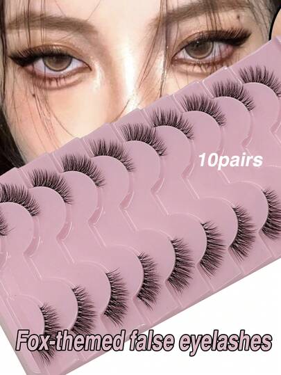 10对透明蓬松假睫毛，4-10毫米半眼凌乱猫眼小巧可爱风格，浓密卷翘自然妆效，可重复使用，适合日常佩戴和派对妆容。
