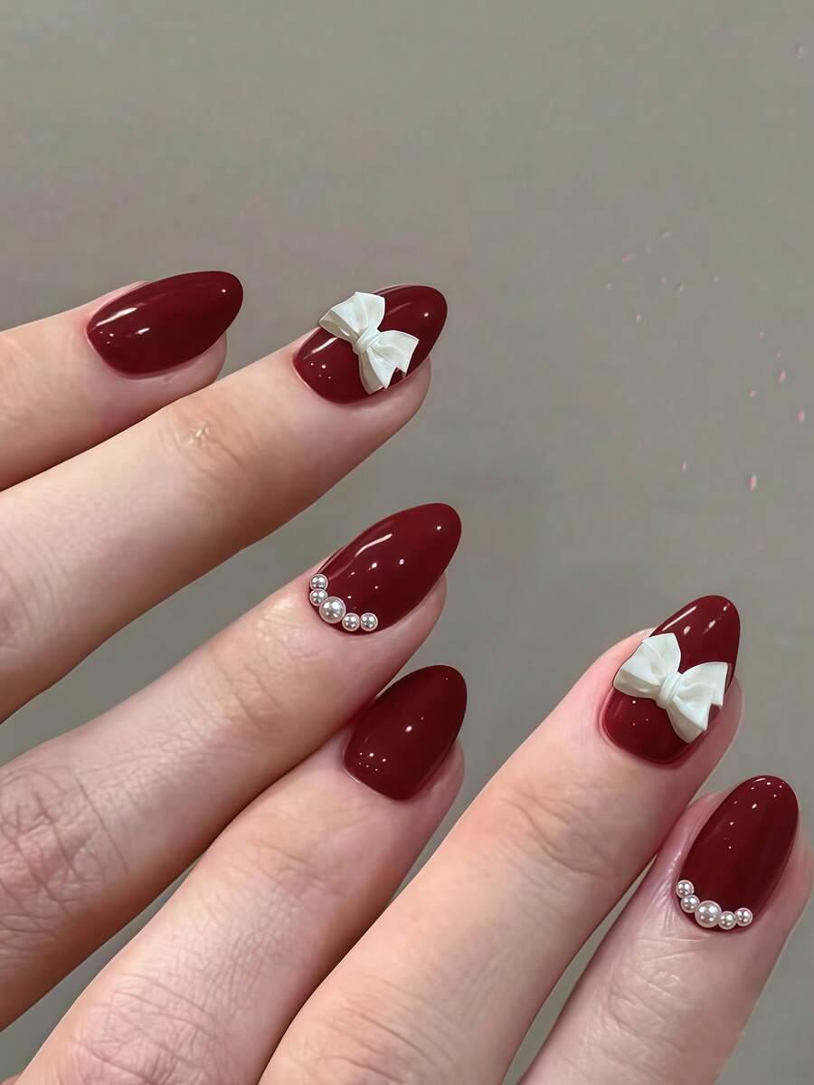 24pcs Oval Shaped Butterfly Pearl Nail Stickers, Red Acrylic Material Set Includes 1pc Gel Top Coat And 1pc Nail File, Suitable For Women And Girls Daily And Party Manicure, Jelly Gel, Random Delivery - Multicolor - View 1