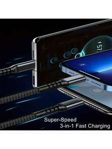 三合一 100W 5A 快充 USB 转 Type-C Micro 数据线，兼容 14/13，三合一 100W 快充数据线，智能超快充电，支持多接口充电，USB 可视化充电线，兼容苹果设备，可用作车载充电器，适用于安卓设备、相机、MP3 等，通用适配器，南美 MFi 认证 - 黑色 - 查看 8