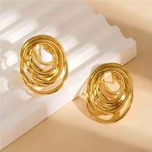 2pcs Creative Oval Line Women's Earrings, 14K Gold Plated Stainless Steel Earrings - Fashion Geometric Asymmetrical Design, Personalized Large Thick Gold Women's Earrings, Jewelry, Suitable For Daily Wear/Wedding Occasions/Party Gatherings/Banquet - Gold - View 7