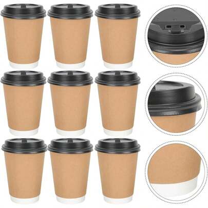 10 Sets 400ML/300ML Thick Kraft Paper Coffee Cups, Heat & Cold Resistant Paper Cup Body With Lid, Suitable For Coffee Shops & Bubble Tea Stores