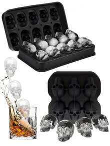 4/6/10孔3D骷髅头硅胶冰格，柔韧硅胶冷冻模具，可重复使用威士忌冰块模具，可爱骷髅头冰块，适用于冰镇鸡尾酒、香槟、果汁和饮料，烘焙巧克力树脂骷髅头模具，理想的派对礼物酒吧饮品冰块制作器 - 黑色 - 查看 1