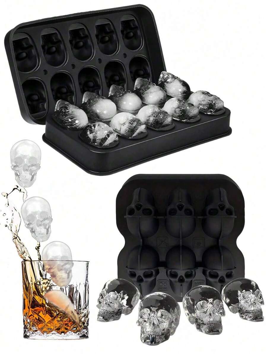 4/6/10孔3D骷髅头硅胶冰格，柔韧硅胶冷冻模具，可重复使用威士忌冰块模具，可爱骷髅头冰块，适用于冰镇鸡尾酒、香槟、果汁和饮料，烘焙巧克力树脂骷髅头模具，理想的派对礼物酒吧饮品冰块制作器 - 黑色 - 查看 1