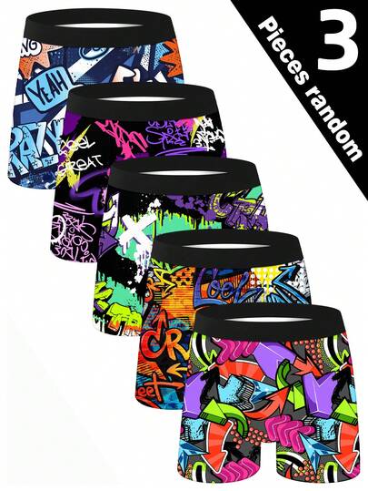 3pcs/Set Men's Fashion Pattern Long Boxer Briefs, Graffiti Style Breathable Comfortable High Stretch Long Boxer Swim Trunks, Sports Shorts, Novelty Men's Underwear, Cycling Shorts