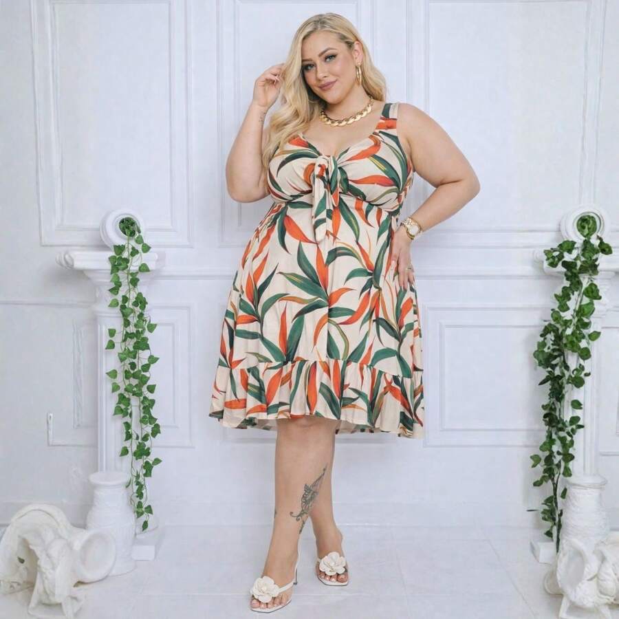 Plus Size Midi Dress With Elastane, Curve Print, Women's Style, With Ruffled Hem, Comfortable, Short Midi Dress - 鋼藍 - 查看 1
