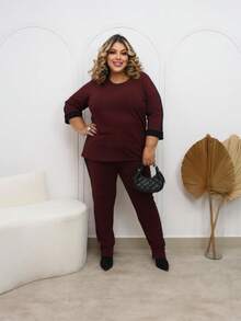 Women's Plus Size Fleece Set For Winter 2026 - Elegant, Sizes GG To G3. Includes A Short-Sleeved Sweatshirt And High-Waisted Fleece Pants With Pockets. - 酒紅色 - 查看 7