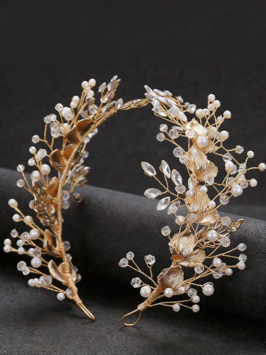 1pc Women's Wedding Leaf Alloy Pearl & Rhinestone Soft Chain Headband - Gold - View 1