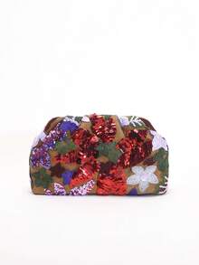 1pc Colorful PVC Sequin Floral Pattern Linen Fabric Mesh Embroidered Ruffle Cloud Clutch Bag, Shiny Elegant Evening Bag For Casual, Holiday, Party Use (Floral Sequin Pattern Randomly Sent) - Bold Plum - View 6