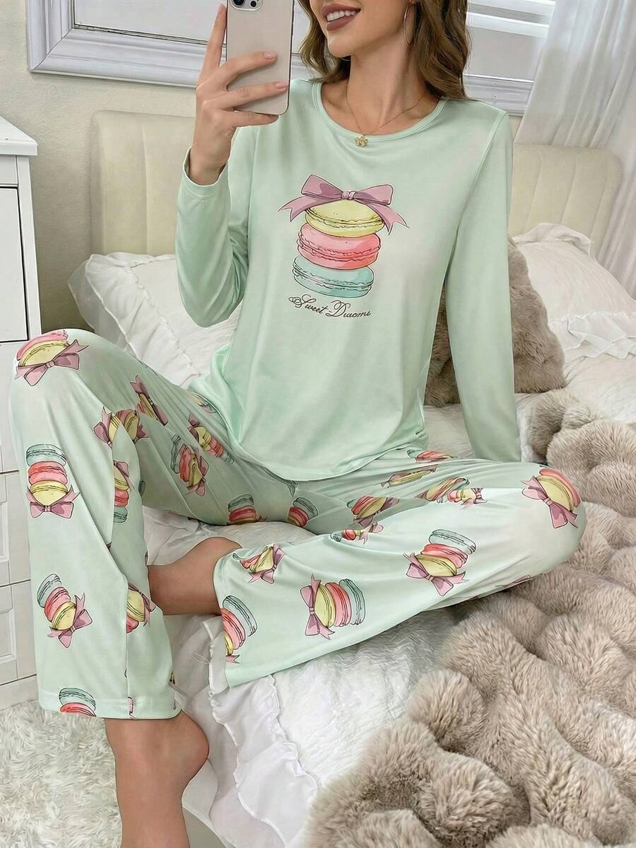2pcs Mint Green Macaron Comfortable Long Sleeve & Pants Women Pajama Set - Multicolor - View 1
