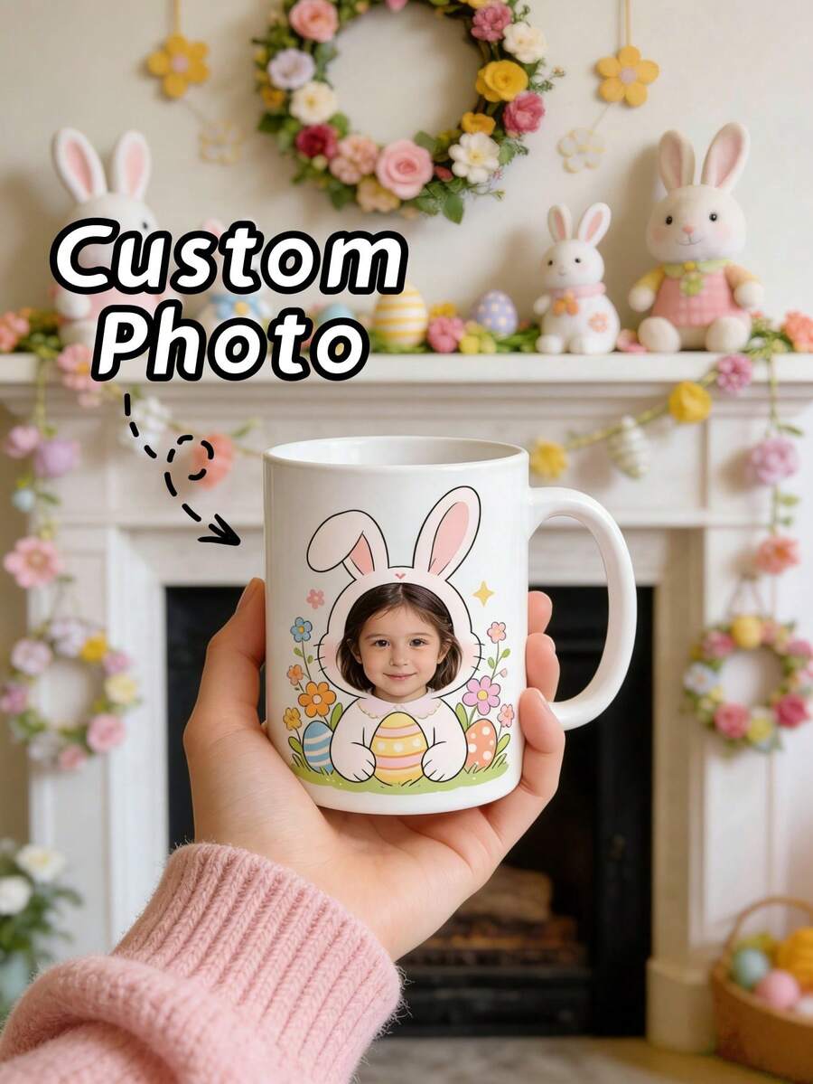 1Pc Custom Mug,Personalized Photo Bunny Love Rabbit Design,Custom Mug, Easter Gift, Perfect For Friends, Her, Animal Lovers, Valentine's Day, Coffee & Tea Time, Daily Use, Home & Office, Special Occasions - Multicolor 2 - View 1