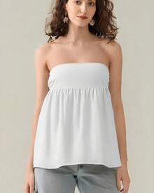 Women's Summer Tube Tops Sleeveless Strapless Solid Color Loose Bandeau Tops Casual Shirts - 米色 - 查看 2