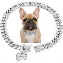 Collier de chien personnalisé de style hip-hop, collier de luxe pour animaux de compagnie, chaîne cubaine classique incrusté de strass, pendentif en forme d'os, taille réglable, convient aux chats et aux chiens - Multicolore - Voir 15