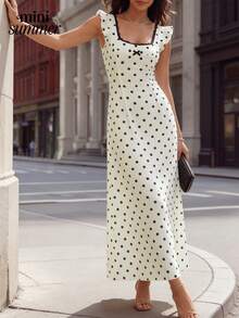 Women's White & Black Polka Dot Square Collar Lace Trim Bow Midi Dress - Elegant Casual Everyday Wear - White - View 7