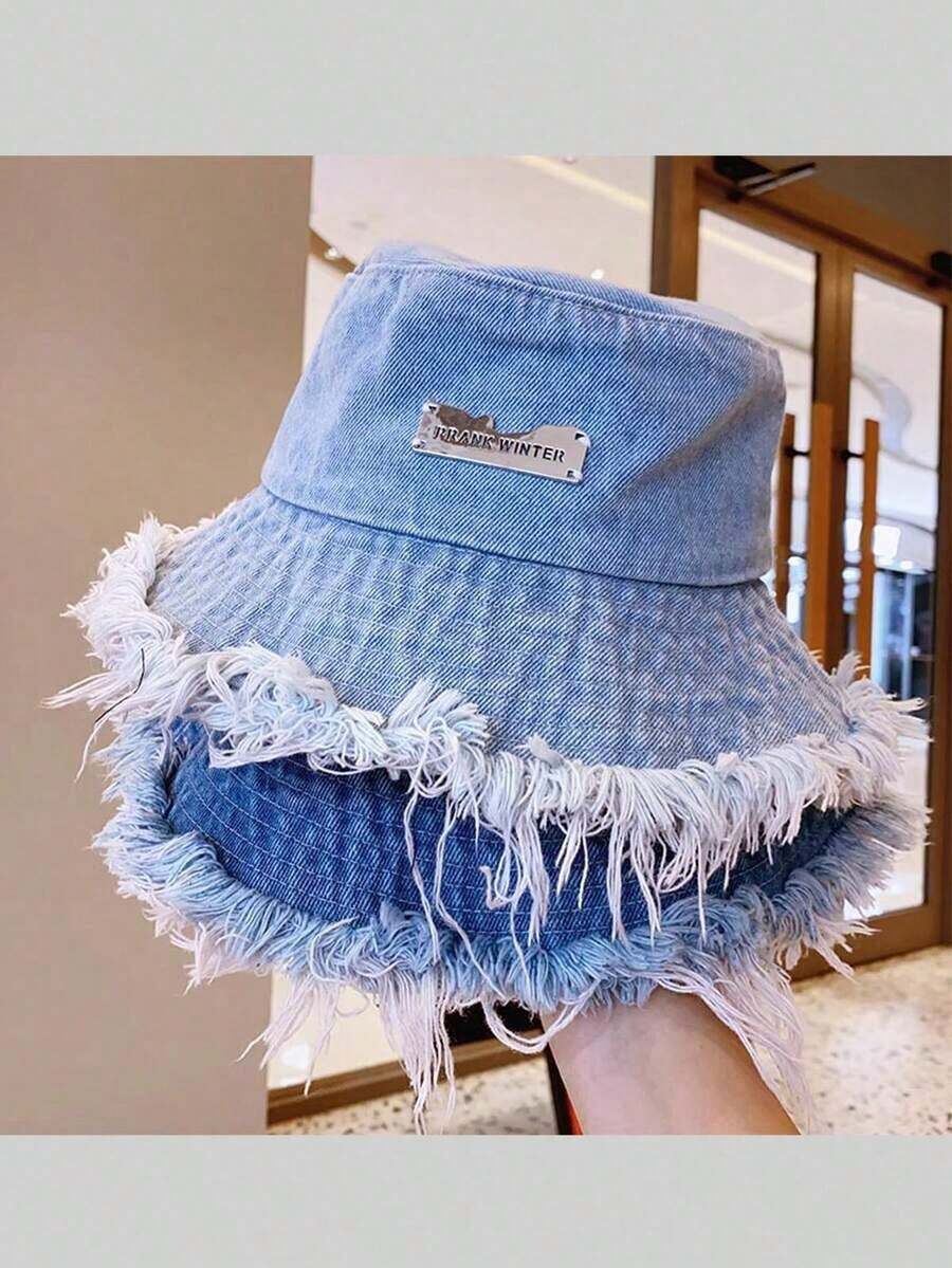 1pc Women's Streetwear Metal Decoration Frayed Brim Casual Fisherman Hat, Versatile Unisex Sun Protection Bucket Hat For Daily Wear, Outdoor, Travel, Beach, All Season E1LL - 彩色 - 查看 1