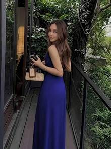 Vuslat 女士纯色无袖修身滑冰裙，无袖圆领系带喇叭裙，纯色弹力修身中长连衣裙，优雅百搭，适合度假、婚礼、生日、派对、晚宴、新年、情人节、通勤、办公等场合。 - 寶藍色 - 查看 9