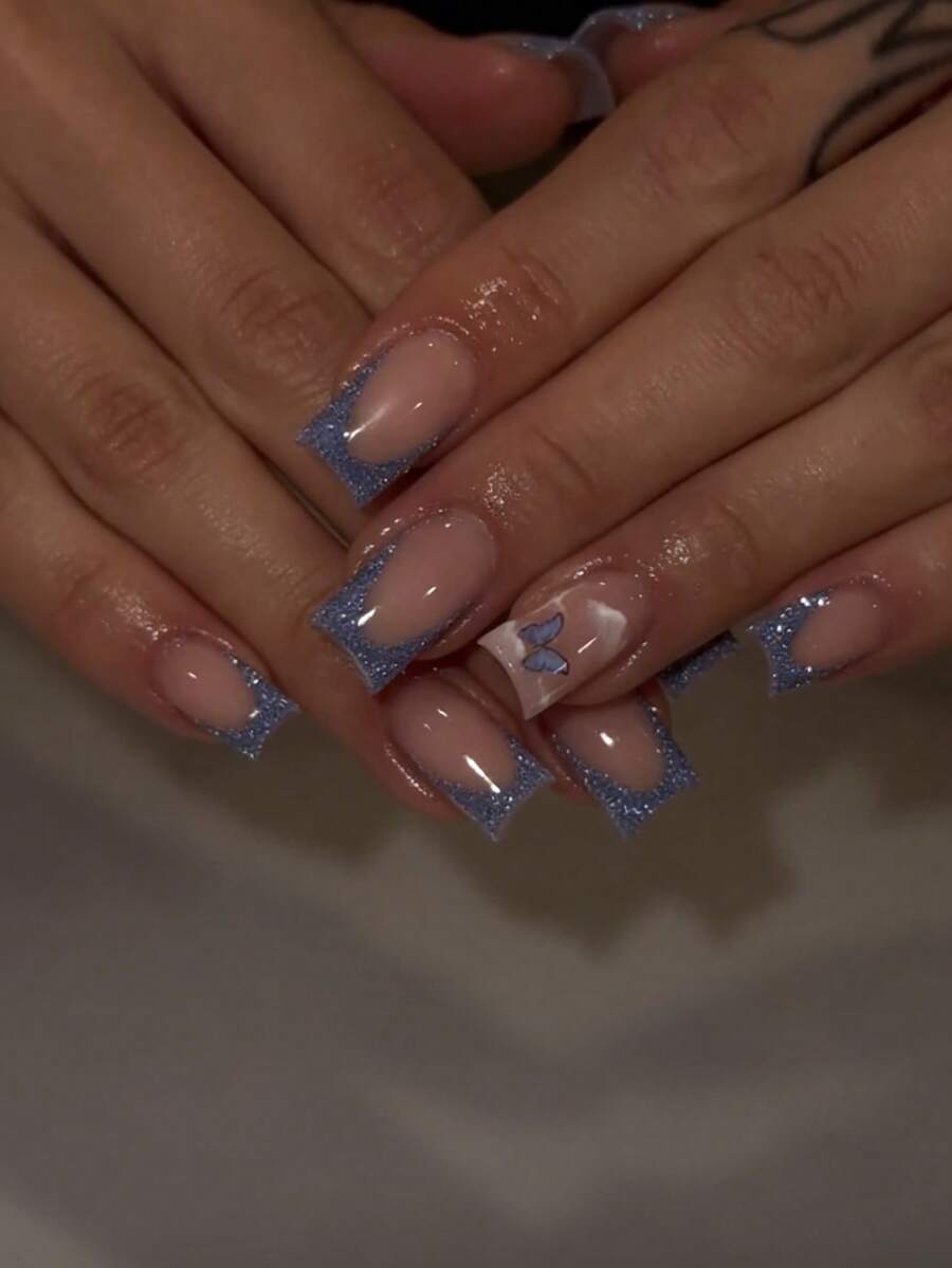 24 piezas Juego de pegatinas de uñas artificiales con patrones asimétricos en azul elegante, plata brillante soñadora, nude, borgoña lujoso, blanco y rosa claro, que incluye 1 hoja de pegatinas y 1 tira de pegamento mini, entrega aleatoria - Azul - Ver 1