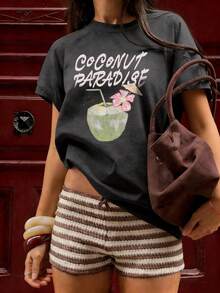 Women's Summer New Simple Slogan Print Casual Vacation Loose Fit Round Neck Short Sleeve T-Shirt, Fashionable Everyday Top, Suitable For Daily And Vacation Wear. Women's T-Shirt Top. - Dark Grey - View 10