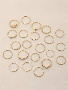 22 件套时尚简约镶嵌钻石心形、波浪星形不规则戒指，金色几何女士指节戒指套装，适合时尚摄影、约会之夜、派对和日常休闲装扮。 - 金色 - 查看 4