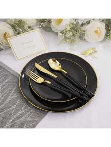 Bộ đồ ăn tái sử dụng viền đen, bao gồm đĩa bánh đường kính 7,5" và 10,25" cùng bát salad trái cây cao cấp, dễ vệ sinh, phù hợp cho đám cưới, sinh nhật, họp mặt gia đình, hoạt động ngoài trời, sự kiện trường học, dã ngoại, tiệc nướng BBQ, nhà hàng và các bữa tiệc tại gia. - màu đen - Xem 7