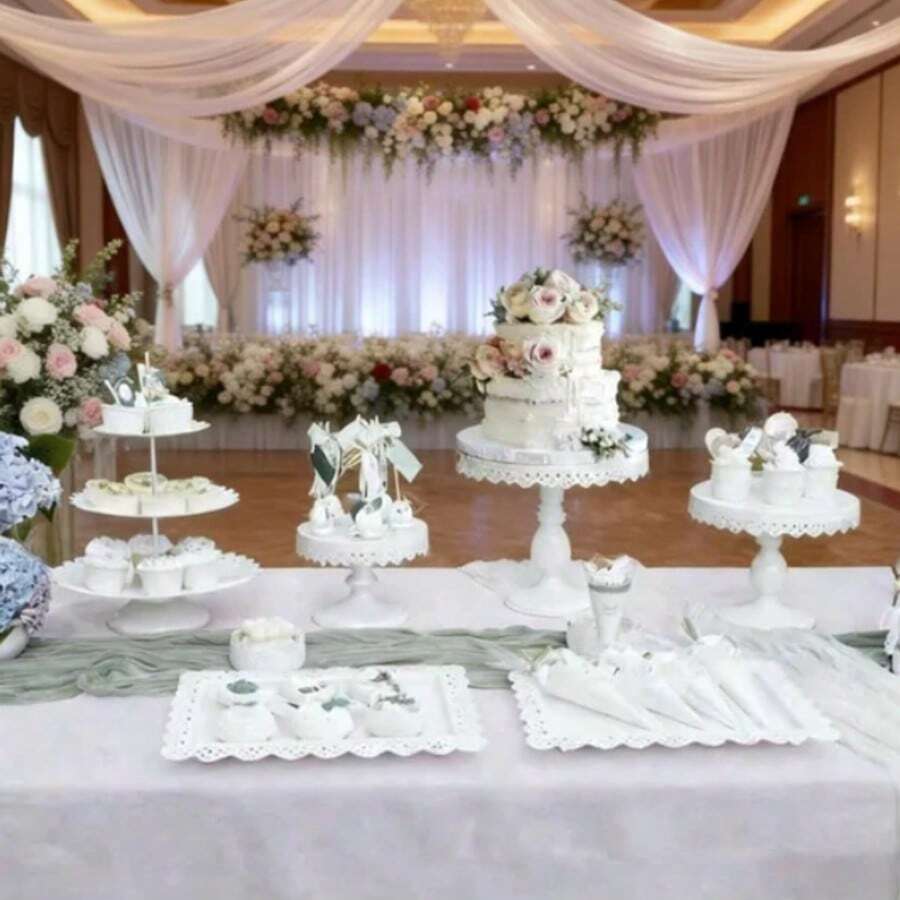 Wedding Party Essentials,8pcs Dessert Table Display Set: Romantic Golden Round Cake Stand & Cupcake Tower For Birthday Parties, Weddings & Baby Showers, Gold/Cream White - 白色 - 查看 1