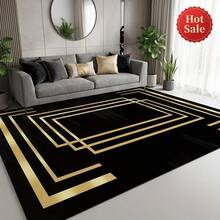 1 件装黑金几何图案天鹅绒地毯，现代奢华柔软天鹅绒长方形地毯，底部防滑，适用于客厅、卧室、家居装饰，是节日派对、画廊空间和日常高端时尚的理想之选。 - A - 查看 2