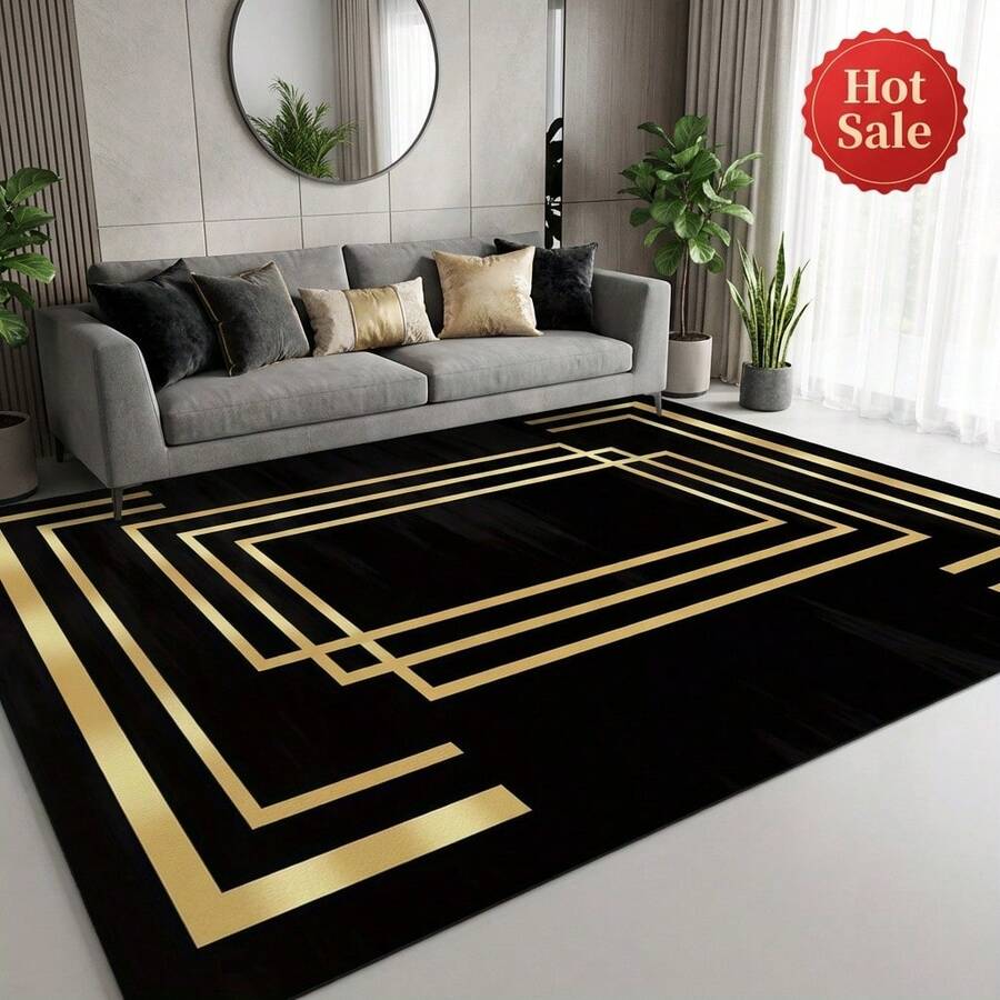 1 件装黑金几何图案天鹅绒地毯，现代奢华柔软天鹅绒长方形地毯，底部防滑，适用于客厅、卧室、家居装饰，是节日派对、画廊空间和日常高端时尚的理想之选。