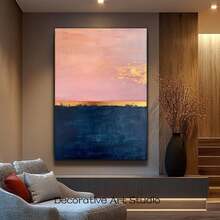 Hand-Painted Abstract Sunset Sky Oil Painting - Modern Wabi-Sabi Minimalist Framed Wall Art With Soft Pink & Blue Pastel Hues In, Brown, Beige & Navy - Textured Canvas Zen Art Suitable For Living Room, Bedroom, Office Decor - Ready-To-Hang, 2D Fl - Multicolour - 查看 4
