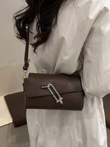 新款极简几何金属扣翻盖方形手提包，多功能女士斜挎包，高端百搭女士通勤手提包 - 咖啡 - 查看 3