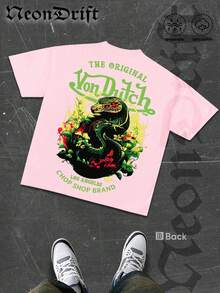 NeonDrift  Double-Sided Printing  Men's T-Shirt Men's Short-Sleeve T-Shirt100% Cotton Fabric Soft & Skin-Friendly Unisex Style Gifts For Spring Festival, Valentine's Day, St. Patrick's Day & World Cup-Van Dutch Dragon Print Men T Shirt Classic Americana Style Graphic Tee Streetwear Fashion Casual Wear For Car Enthusiasts And Vintage Culture Lovers - Màu Hồng baby - Xem 3