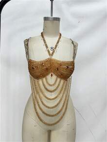 Glossmoon Xin New Beaded Bra Top, Beaded Bikini Cover-Up, Fringed Tank Top, Women's Top, Beachwear, Nightclub Bikini Jewelry - Light Gold - 查看 6