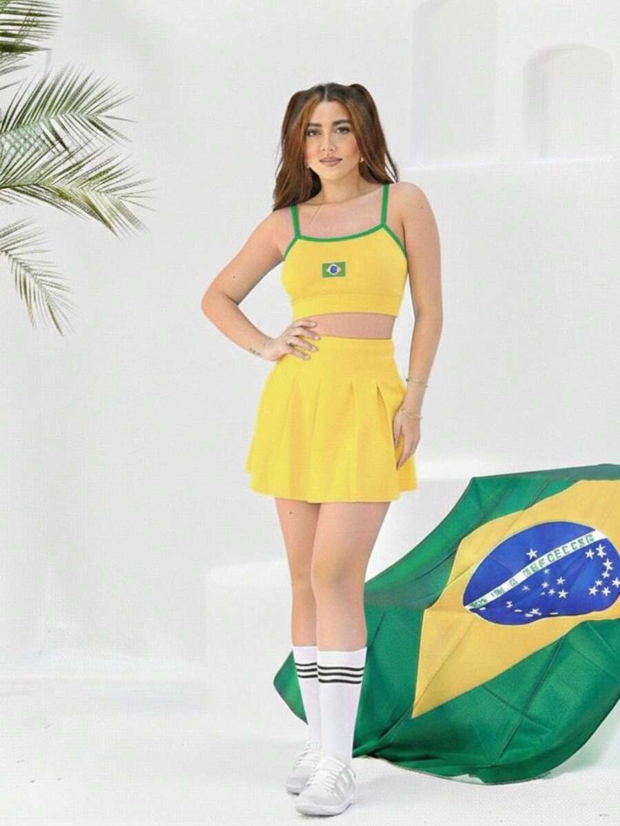 Brazil Outfit: The Cropped Top And Skirt 'Schoolgirl' Look Is A Sure Bet For Fans! Elegant Party Knot Pocket Beach Vacation - 黃色 - 查看 1