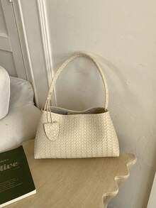 1 chiếc túi baguette dệt màu trơn mới, quai đeo bằng da PU, túi đeo vai thời trang dành cho nữ, thích hợp sử dụng hàng ngày, đi mua sắm, hẹn hò. - Màu be - Xem 3