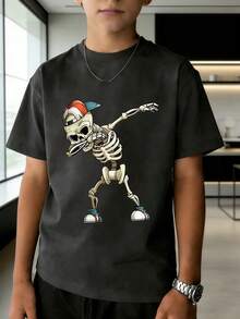 青少年男孩骷髅图案印花短袖 T 恤，设计独特的优质青少年服装 - 深灰色 - 查看 1
