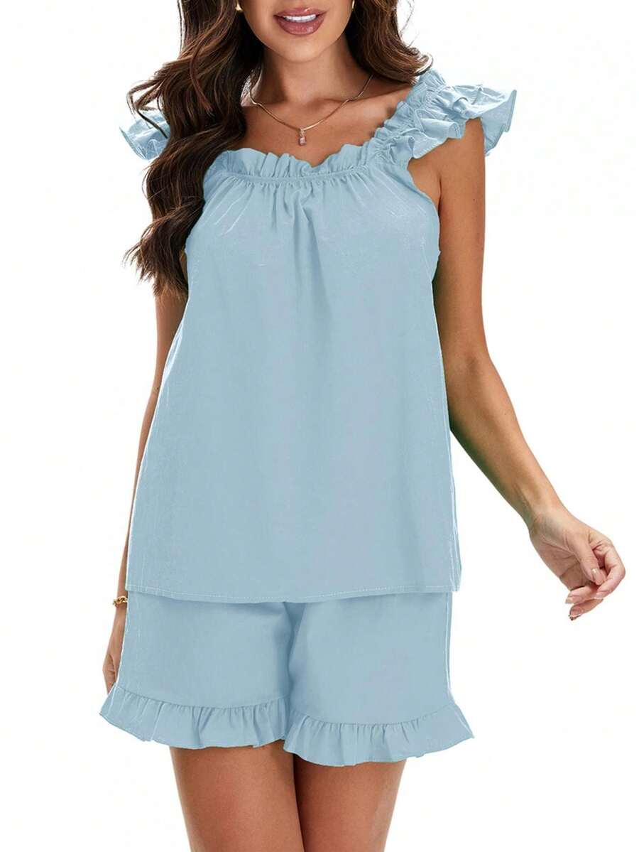 Women's Summer Lounge Set Ruffle Shoulder Strap Tank Tops Drawstring Shorts Sleepwear Sets - 純藍色 - 查看 1