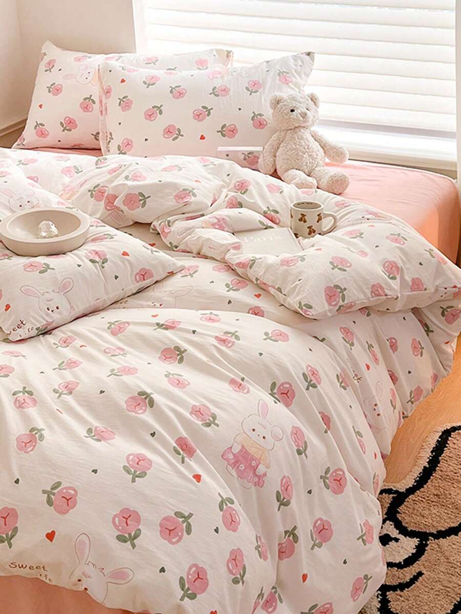 Juego de ropa de cama de 4 piezas con estampado de conejo rosa estilo coreano Ins (1 funda nórdica + 2 fundas de almohada + 1 sábana plana, sin edredón ni almohada), de microfibra suave, adecuado para dormitorio principal, habitación de invitados, dormitorio, impresión de alta definición, lavable a máquina, disponible en tamaños pequeño/grande/individual/doble