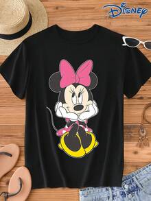 Disney IP Authorized Minnie Mouse Graphic Print Short Sleeve T-Shirt, Round Neck, Stretchy, Easy Care Material, Suitable For Daily Wear, Fashionable Women's Short Sleeve T-Shirt, Casual Wear - Black - View 1